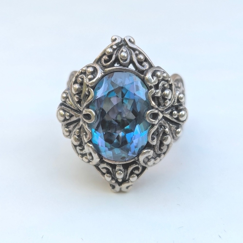 Sarda‎ Sterling Silver Mystic Topaz Filigree Statement Ring Blue Green Size 7